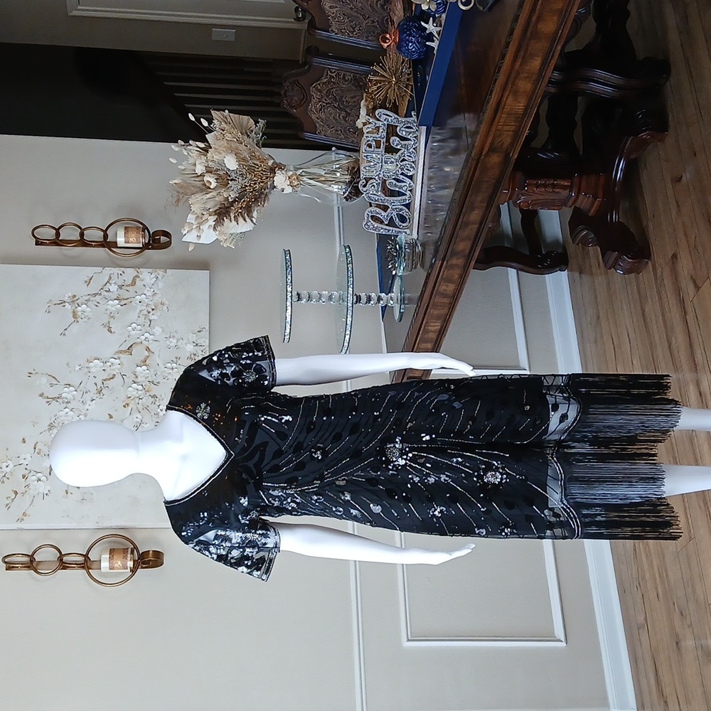 New Black Beaded Gatsby Flapper Cocktail V-neck Dress By Yessa. Size L - Picture 7 of 17